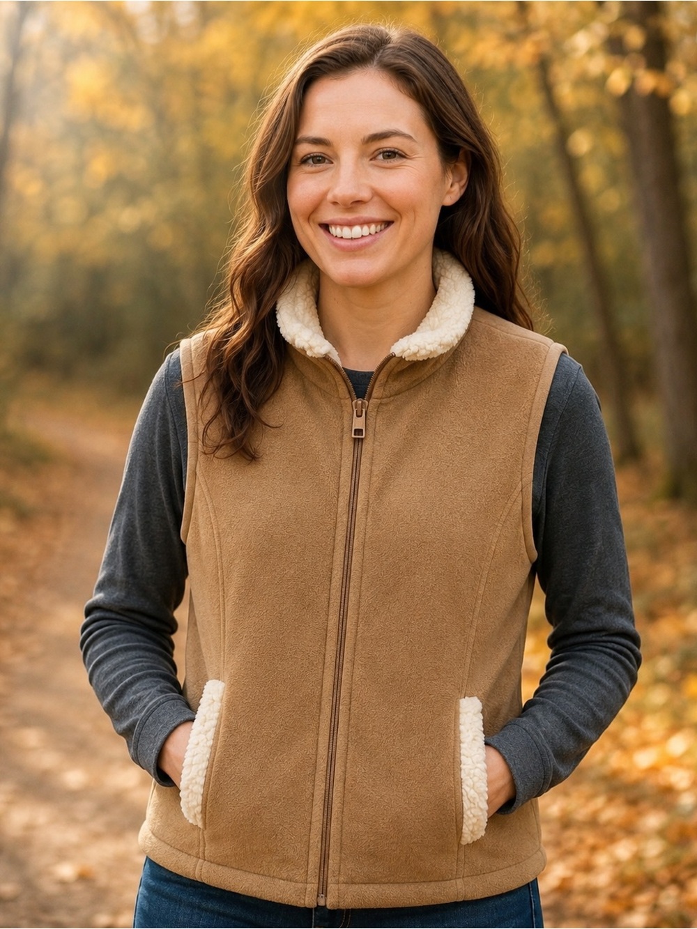 Women’s Tan Fleece Sherpa Trim Full Zip Vest Cozy Outdoor Layer cottagecore fall